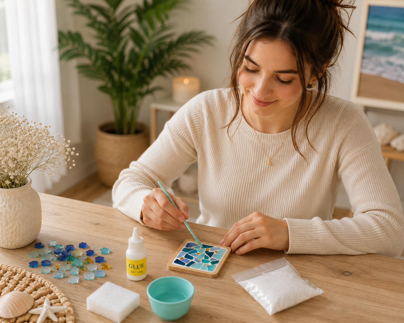 DIY Sea Glass Mosaic Coaster Kit, Coastal Mosaic Craft Kit, Blue Glass Coaster, Beginner DIY Craft, Beach House Decor, Gift for Adults