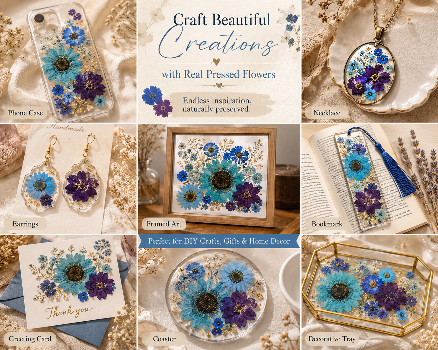 Blue Pressed Flower Pack | Real Dried Flowers for Resin Art, Scrapbooking, Candle Making, Nail Art, Phone Cases, Jewelry