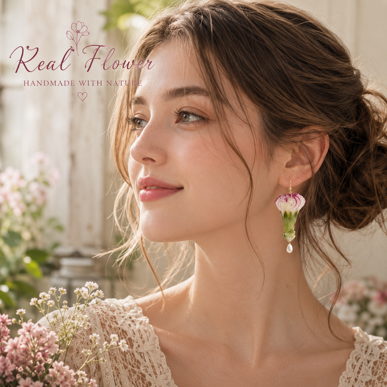 Real Carnation & Pearl Earrings, Preserved Flower Earrings, Pink Floral Drop Earrings, Botanical Jewelry, Pearl Dangle Earrings