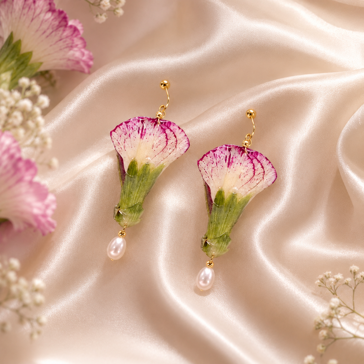 Real Carnation & Pearl Earrings, Preserved Flower Earrings, Pink Floral Drop Earrings, Botanical Jewelry, Pearl Dangle Earrings