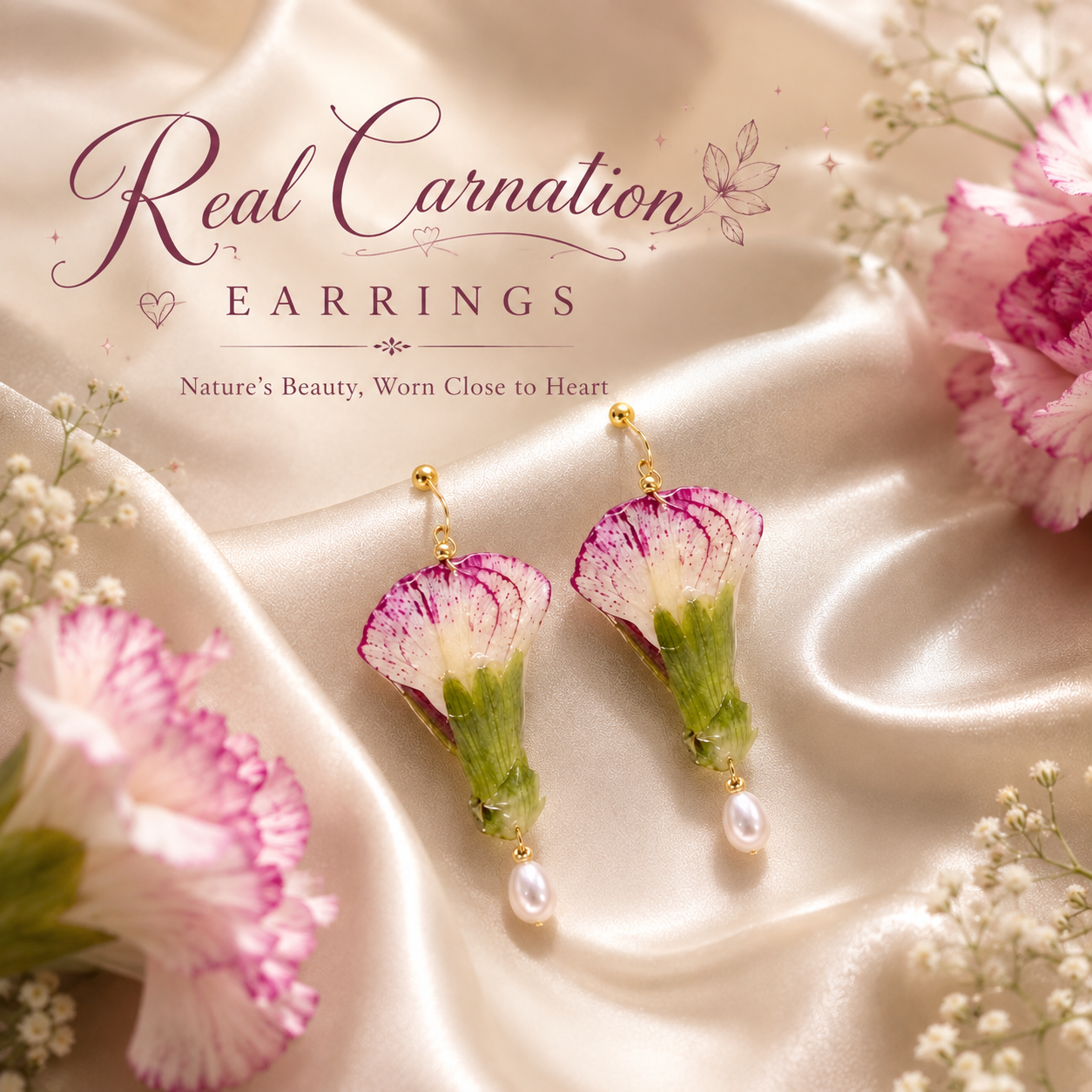 Real Carnation & Pearl Earrings, Preserved Flower Earrings, Pink Floral Drop Earrings, Botanical Jewelry, Pearl Dangle Earrings