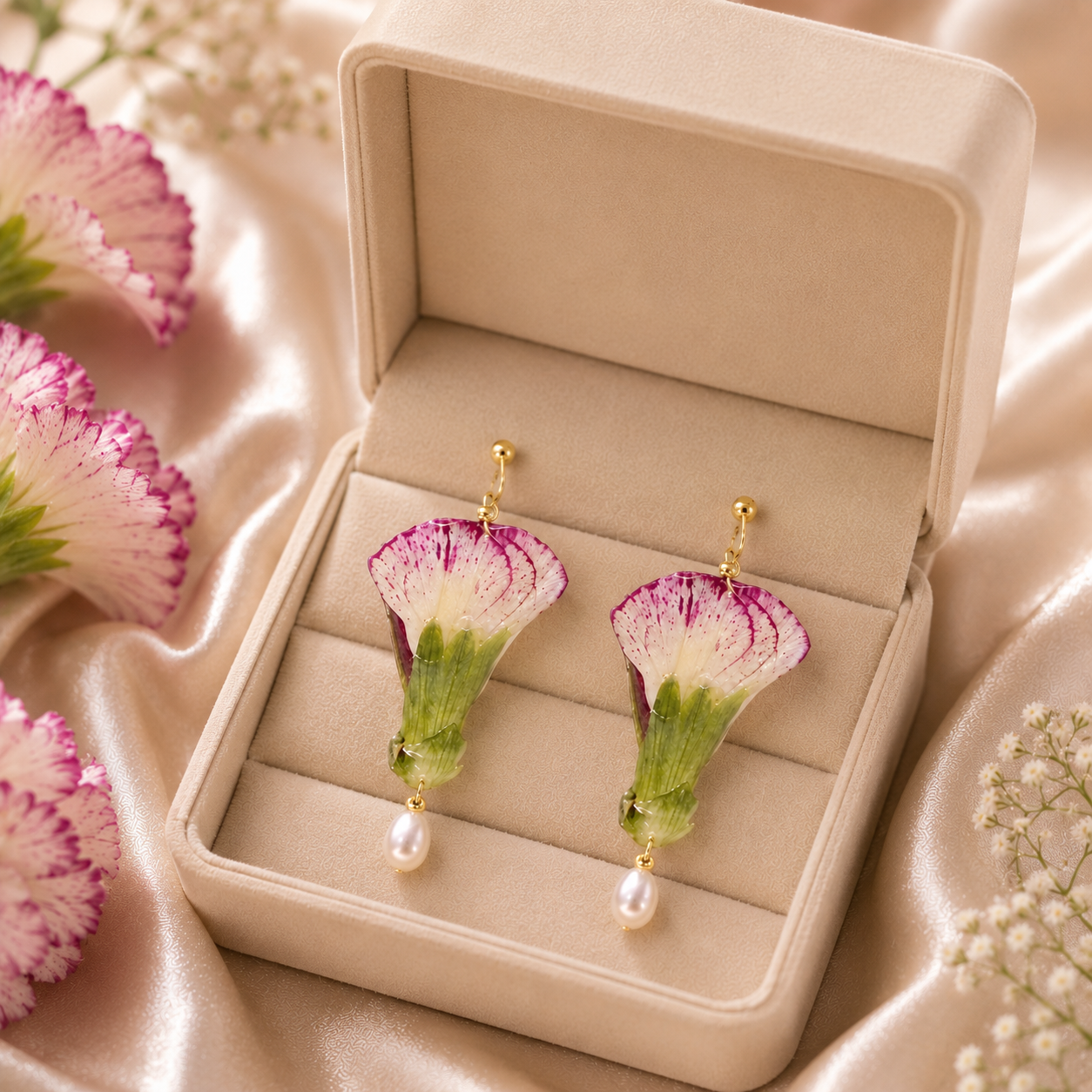 Real Carnation & Pearl Earrings, Preserved Flower Earrings, Pink Floral Drop Earrings, Botanical Jewelry, Pearl Dangle Earrings
