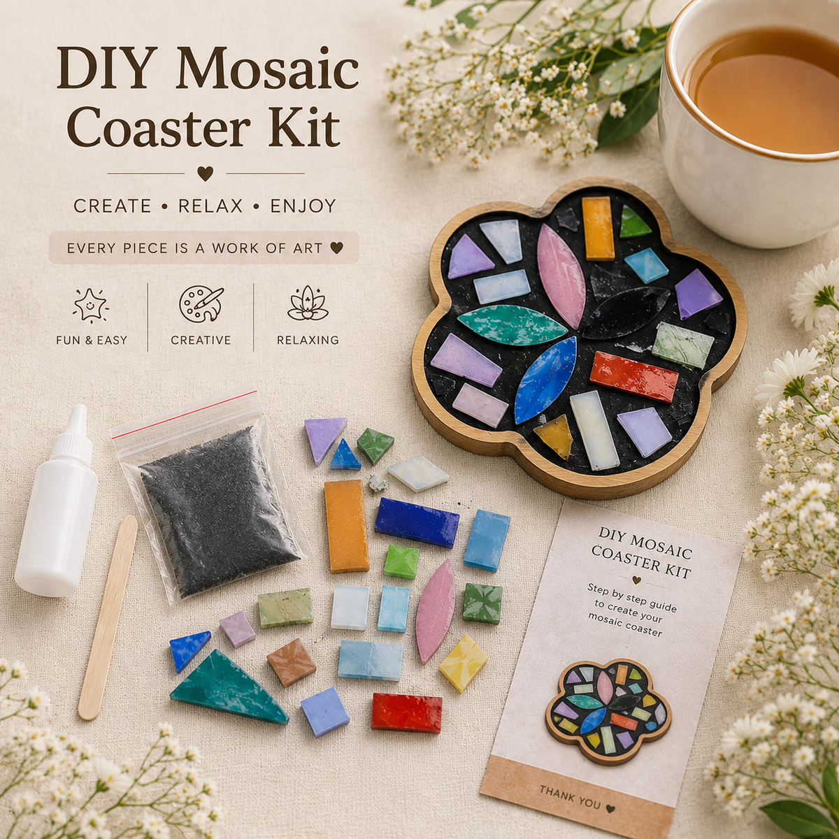 DIY Mosaic Coaster Kit, Colorful Flower Coaster Craft Kit, Make Your Own Mosaic Art, Adult Craft Kit, Creative Gift, Home Decor