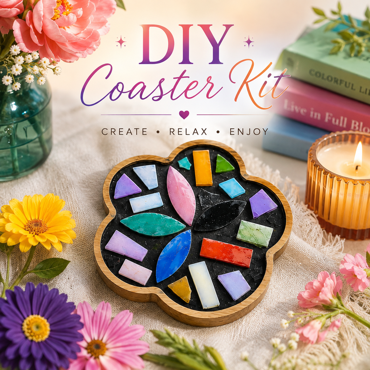 DIY Mosaic Coaster Kit, Colorful Flower Coaster Craft Kit, Make Your Own Mosaic Art, Adult Craft Kit, Creative Gift, Home Decor