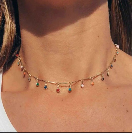 Colorful gem minimalist necklace, rainbow choker necklace, subtle dots necklace, accessories
