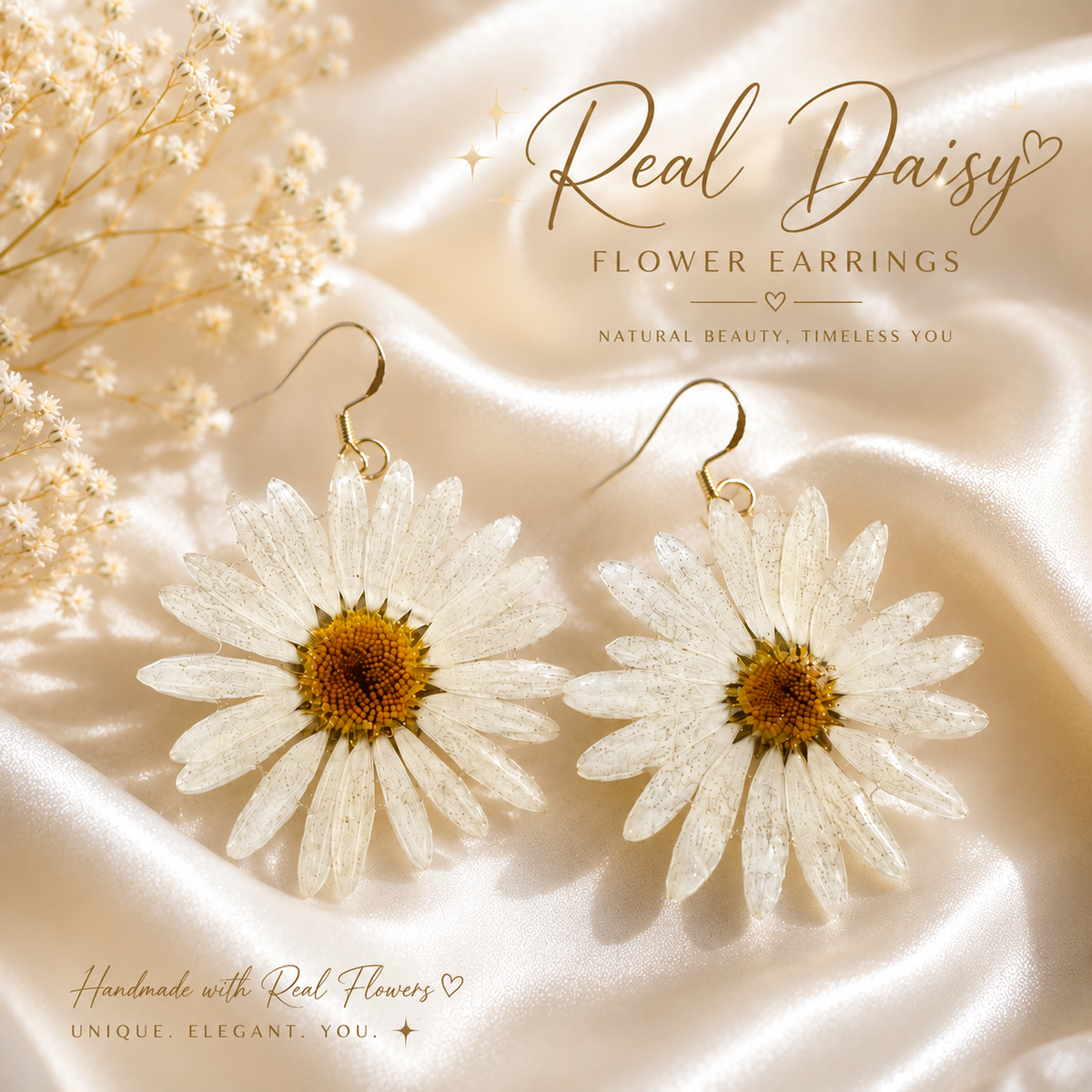 Real Daisy Statement Earrings, Real Flower Earrings, Pressed Flower Jewelry, Botanical Dangle Earrings, Floral Earrings, Nature Lover Gift