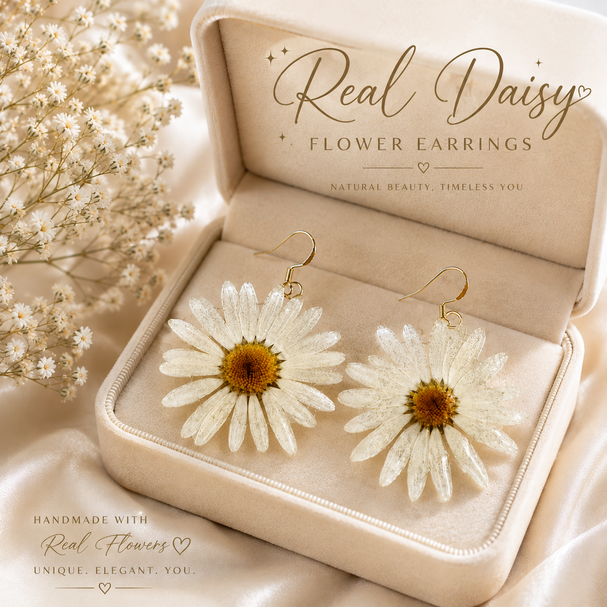 Real Daisy Statement Earrings, Real Flower Earrings, Pressed Flower Jewelry, Botanical Dangle Earrings, Floral Earrings, Nature Lover Gift