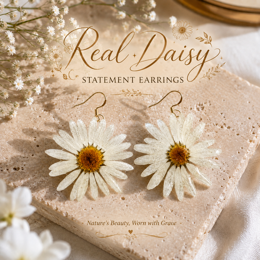 Real Daisy Statement Earrings, Real Flower Earrings, Pressed Flower Jewelry, Botanical Dangle Earrings, Floral Earrings, Nature Lover Gift