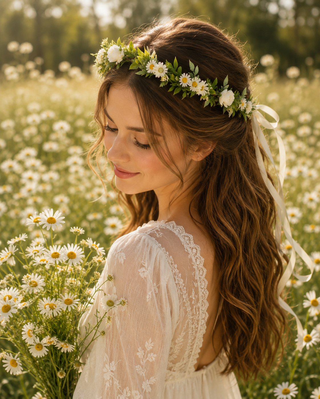 Wildflower Flower Crown, Silk Daisy Flower Crown, Adjustable Floral Head Wreath, Boho Bridal Headpiece, Wedding Flower Crown