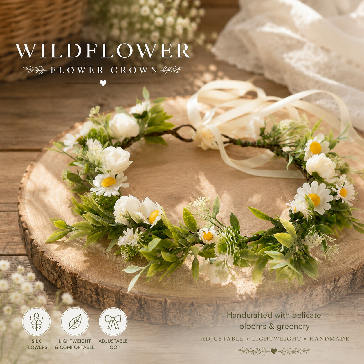Wildflower Flower Crown, Silk Daisy Flower Crown, Adjustable Floral Head Wreath, Boho Bridal Headpiece, Wedding Flower Crown
