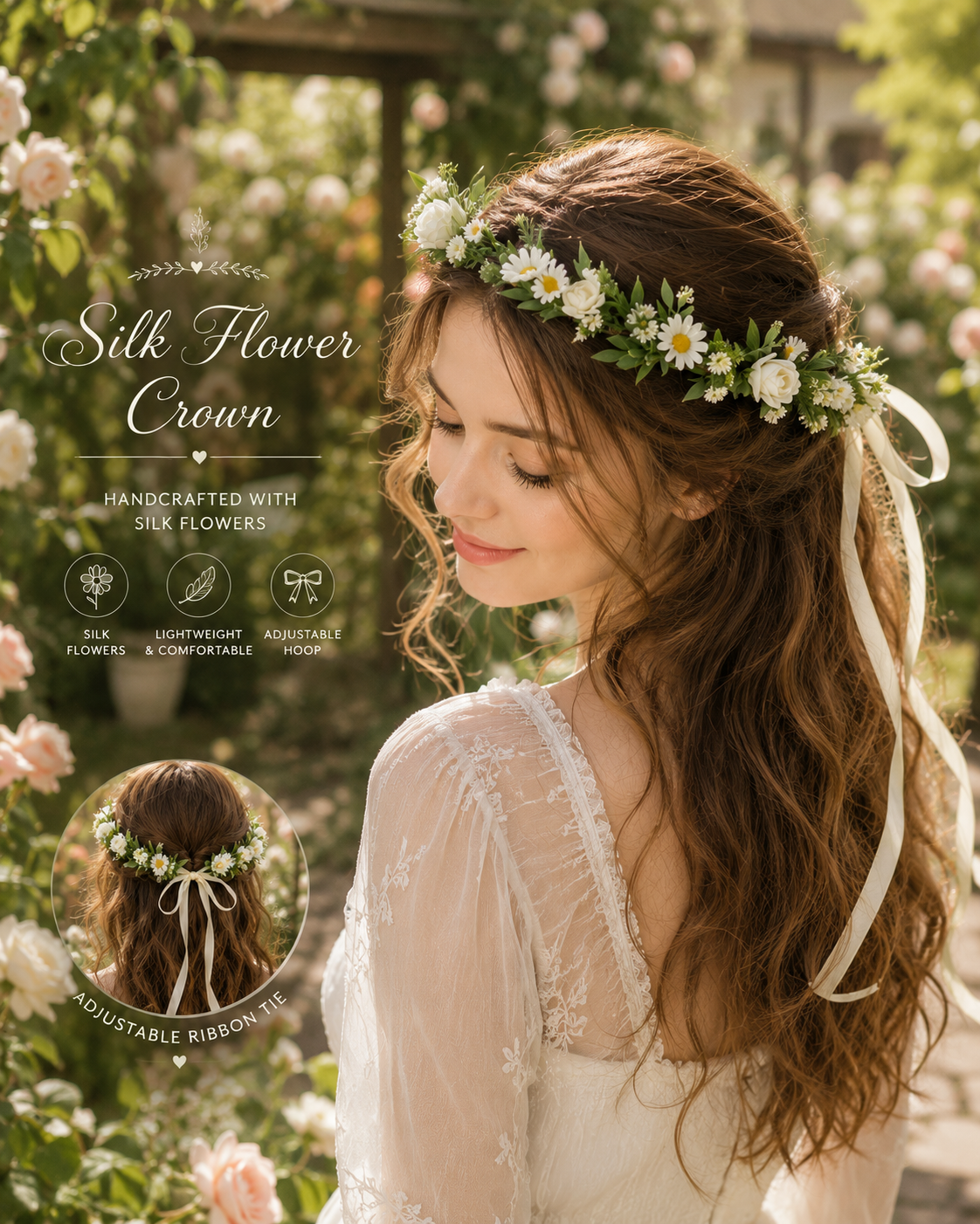 Wildflower Flower Crown, Silk Daisy Flower Crown, Adjustable Floral Head Wreath, Boho Bridal Headpiece, Wedding Flower Crown