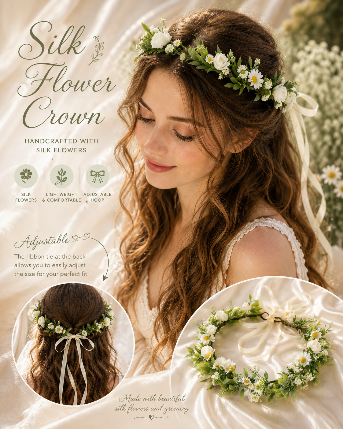 Wildflower Flower Crown, Silk Daisy Flower Crown, Adjustable Floral Head Wreath, Boho Bridal Headpiece, Wedding Flower Crown