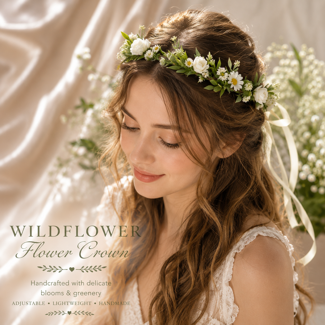 Wildflower Flower Crown, Silk Daisy Flower Crown, Adjustable Floral Head Wreath, Boho Bridal Headpiece, Wedding Flower Crown