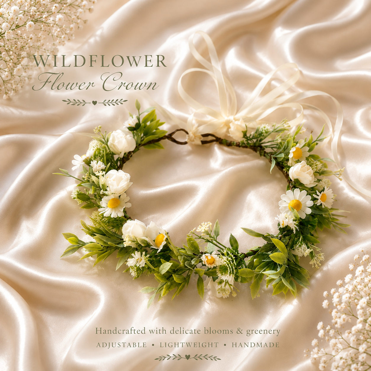 Wildflower Flower Crown, Silk Daisy Flower Crown, Adjustable Floral Head Wreath, Boho Bridal Headpiece, Wedding Flower Crown
