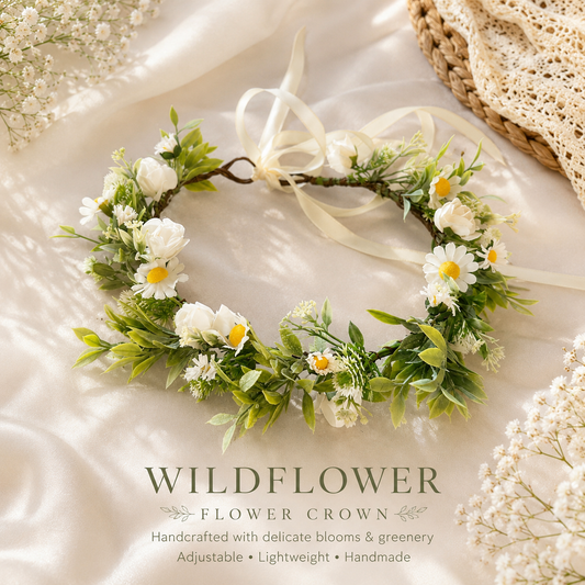 Wildflower Flower Crown, Silk Daisy Flower Crown, Adjustable Floral Head Wreath, Boho Bridal Headpiece, Wedding Flower Crown