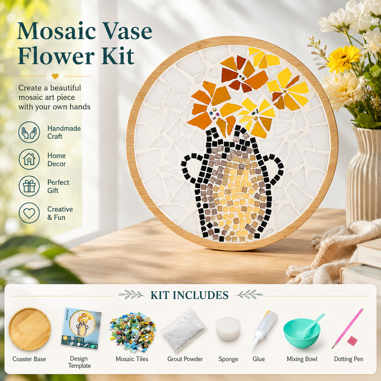 DIY Big Mosaic Coaster Kit, Flower Vase Mosaic Craft Kit, Beginner Mosaic Art Kit, Large Trivet DIY, Adult Craft Kit, Handmade Gift