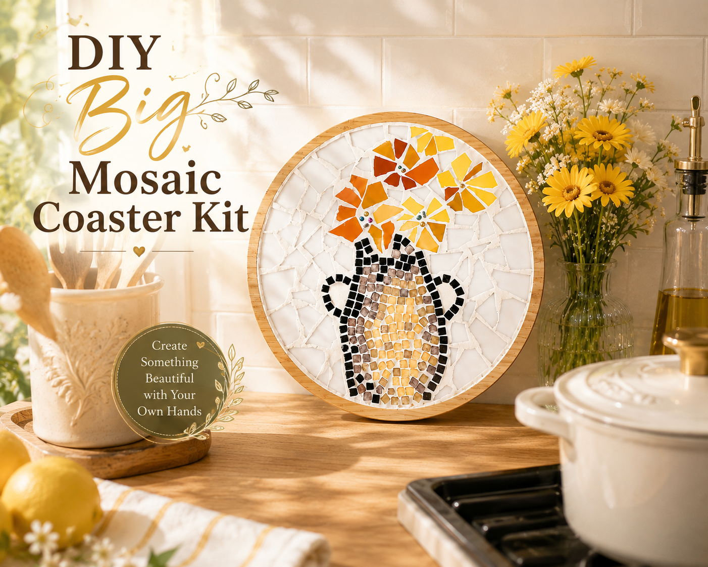 DIY Big Mosaic Coaster Kit, Flower Vase Mosaic Craft Kit, Beginner Mosaic Art Kit, Large Trivet DIY, Adult Craft Kit, Handmade Gift