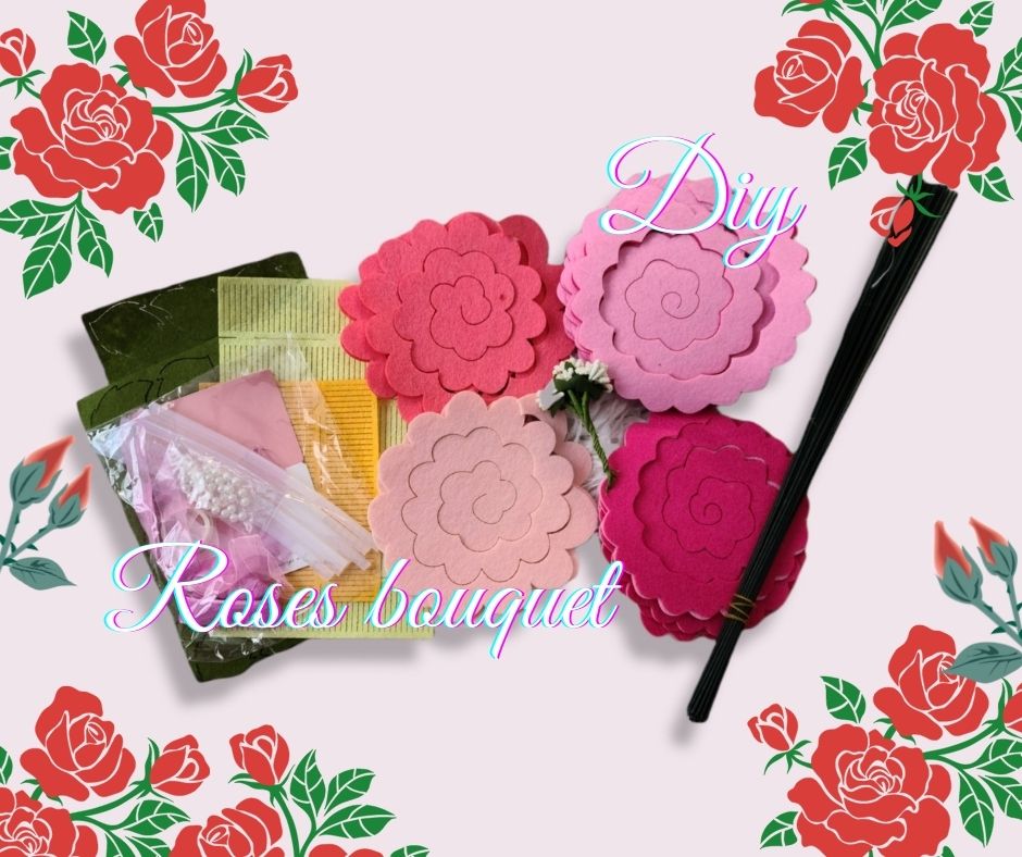 DIY Felt flower bouquet - Pink Roses Felt flower bouquet, Felt flowers DIY kit, No Cutting