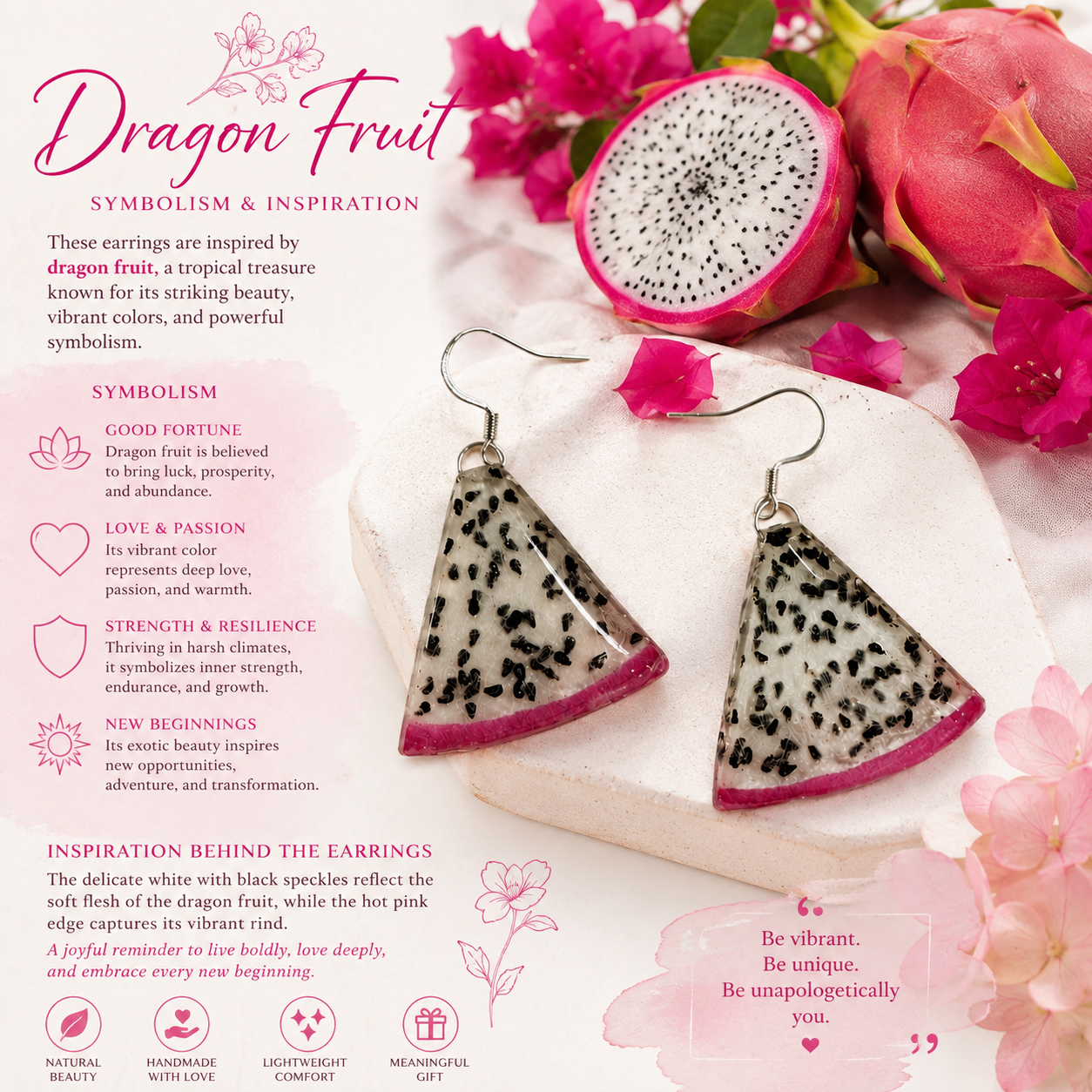 Real Dragon Fruit Earrings, Handmade Fruit Earrings, Hot Pink Statement Jewelry, Tropical Fruit Dangle Earrings, Unique Nature Gift