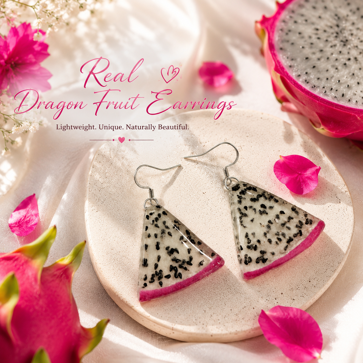 Real Dragon Fruit Earrings, Handmade Fruit Earrings, Hot Pink Statement Jewelry, Tropical Fruit Dangle Earrings, Unique Nature Gift