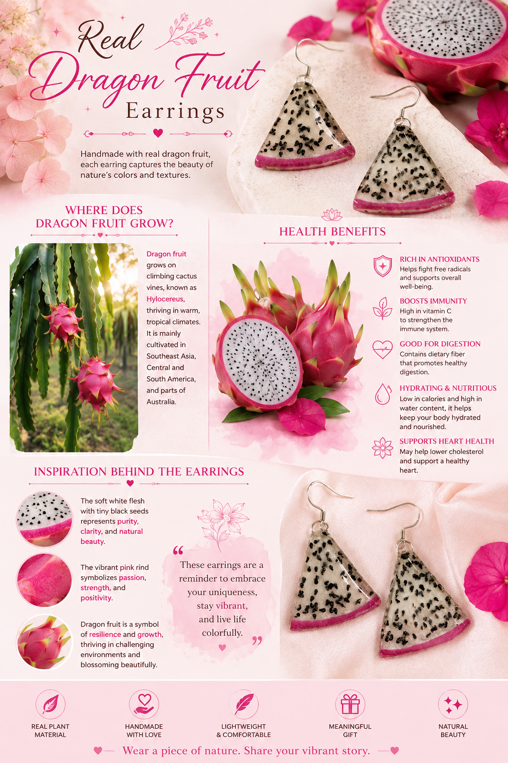 Real Dragon Fruit Earrings, Handmade Fruit Earrings, Hot Pink Statement Jewelry, Tropical Fruit Dangle Earrings, Unique Nature Gift