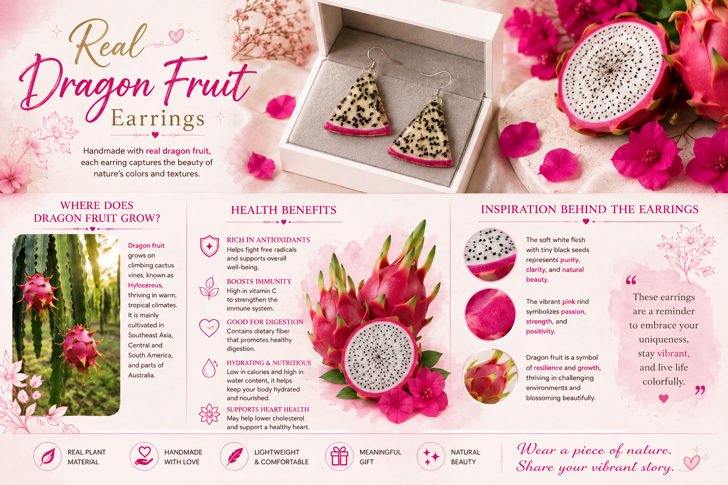 Real Dragon Fruit Earrings, Handmade Fruit Earrings, Hot Pink Statement Jewelry, Tropical Fruit Dangle Earrings, Unique Nature Gift