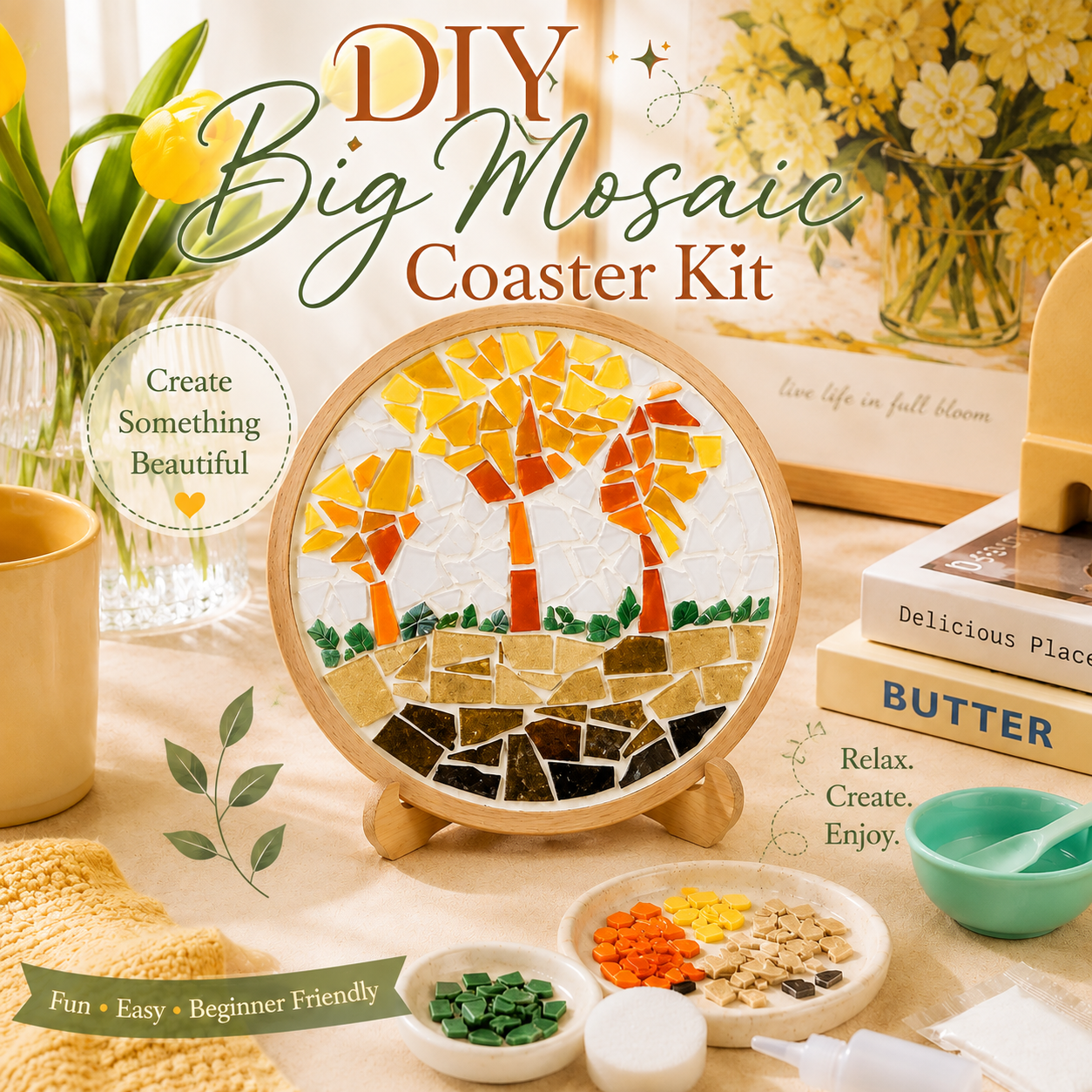 DIY Big Mosaic Coaster Kit, Golden Autumn Tree Mosaic Craft Kit, Fall DIY Art Kit, Beginner Mosaic Project, Trivet Home Decor Gift