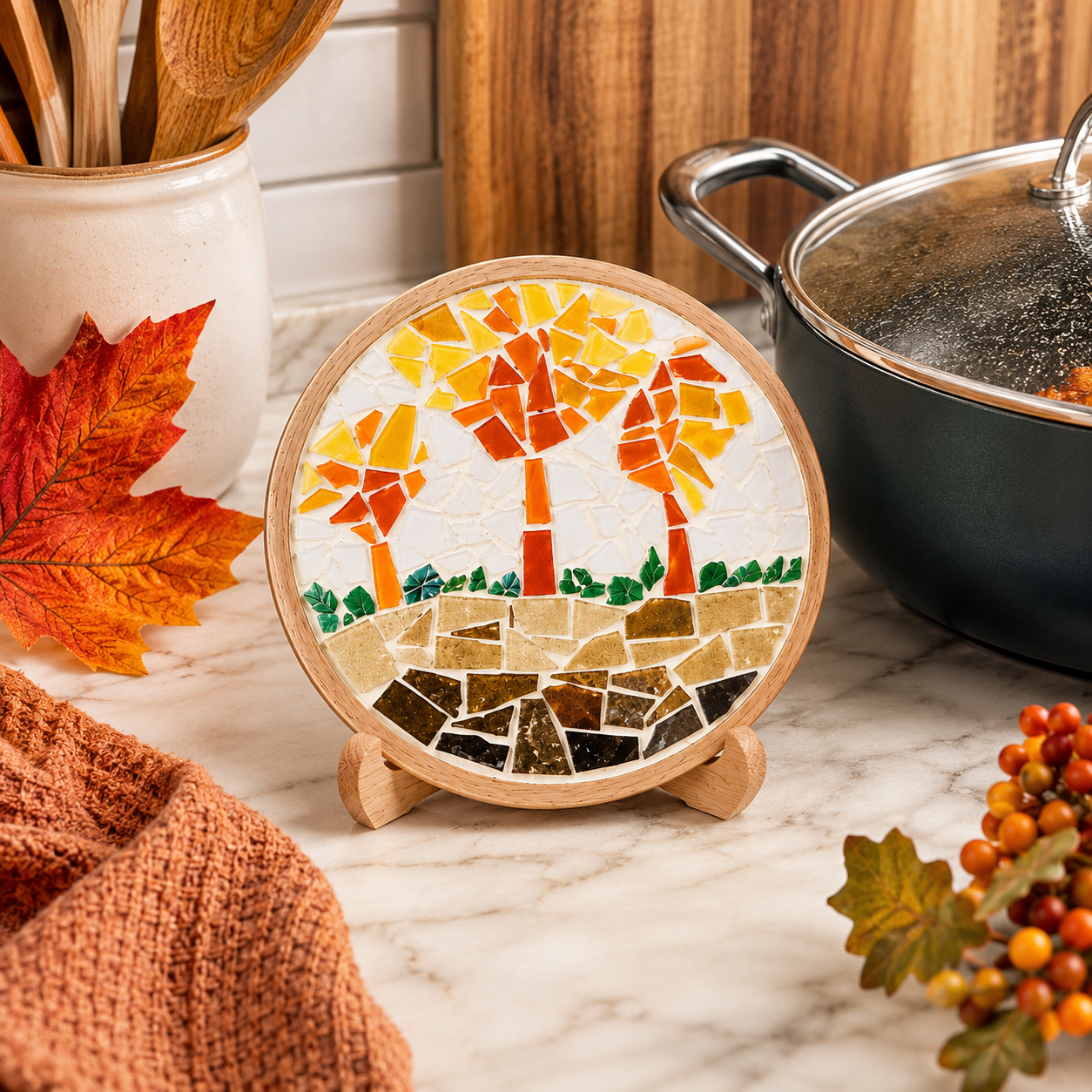 DIY Big Mosaic Coaster Kit, Golden Autumn Tree Mosaic Craft Kit, Fall DIY Art Kit, Beginner Mosaic Project, Trivet Home Decor Gift