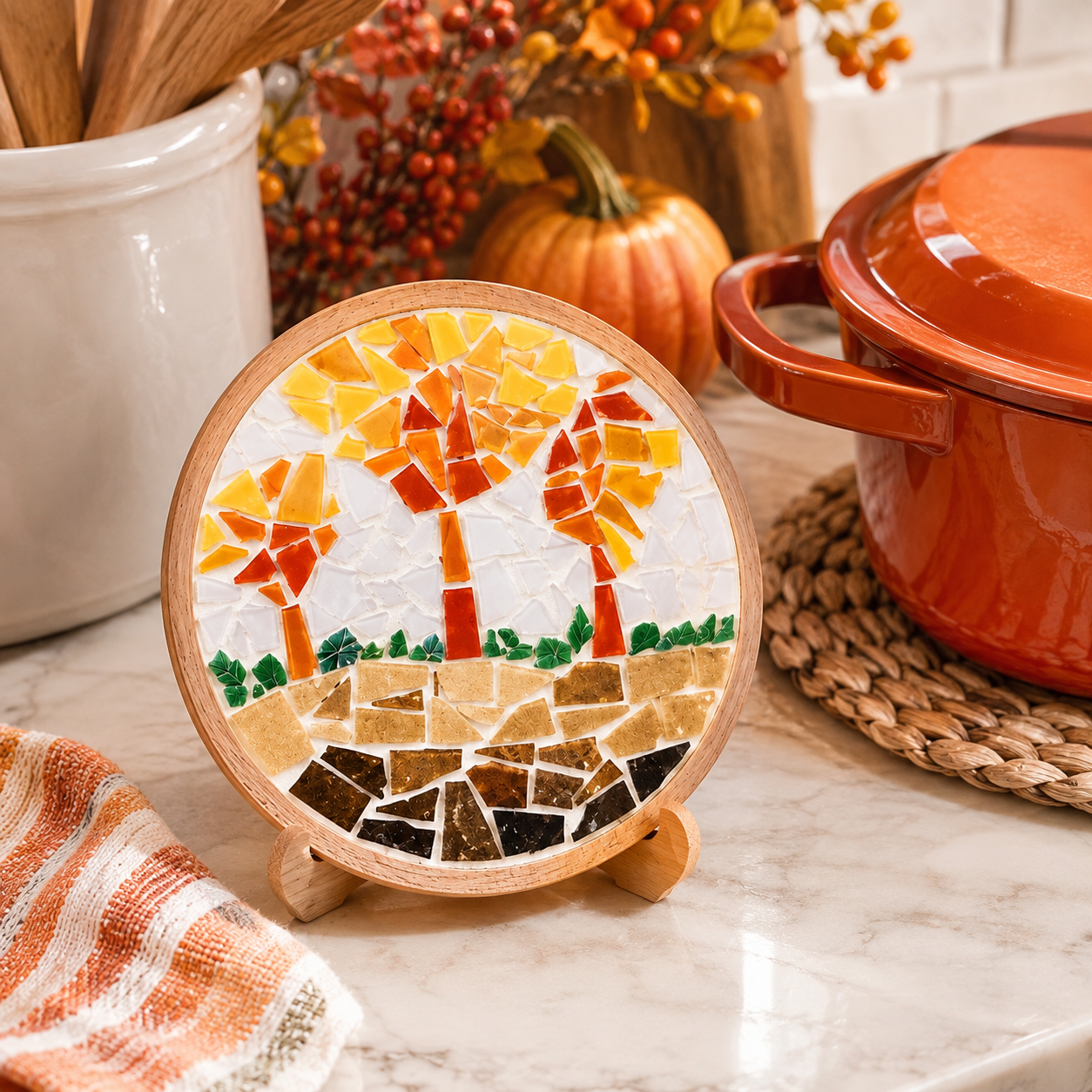 DIY Big Mosaic Coaster Kit, Golden Autumn Tree Mosaic Craft Kit, Fall DIY Art Kit, Beginner Mosaic Project, Trivet Home Decor Gift