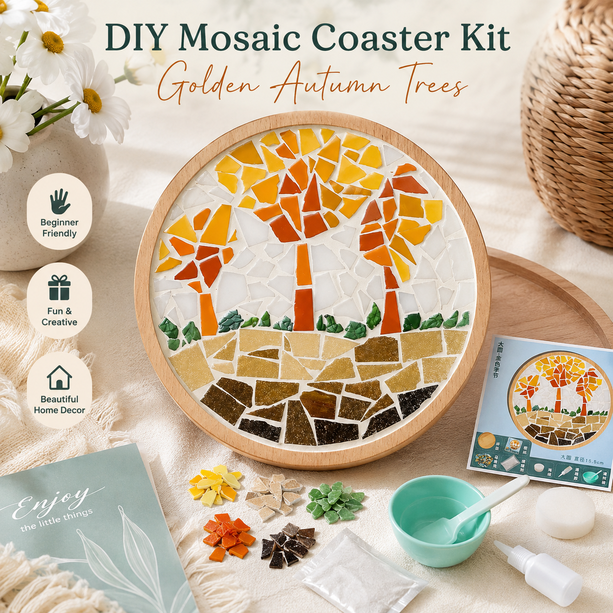 DIY Big Mosaic Coaster Kit, Golden Autumn Tree Mosaic Craft Kit, Fall DIY Art Kit, Beginner Mosaic Project, Trivet Home Decor Gift
