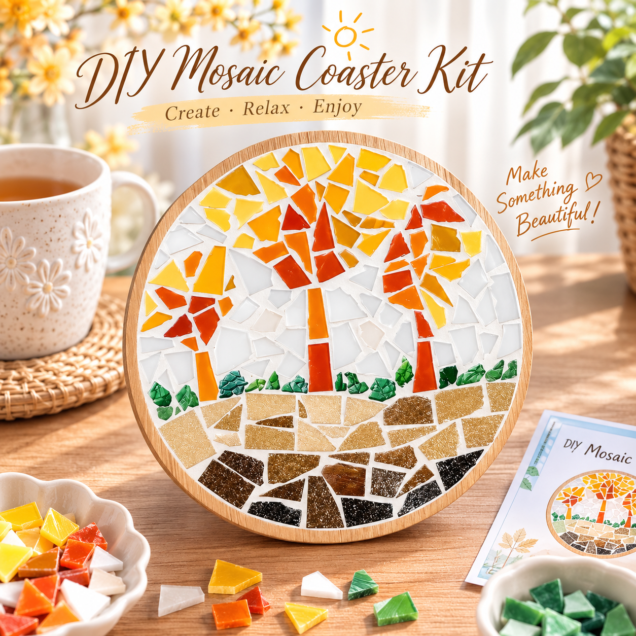 DIY Big Mosaic Coaster Kit, Golden Autumn Tree Mosaic Craft Kit, Fall DIY Art Kit, Beginner Mosaic Project, Trivet Home Decor Gift