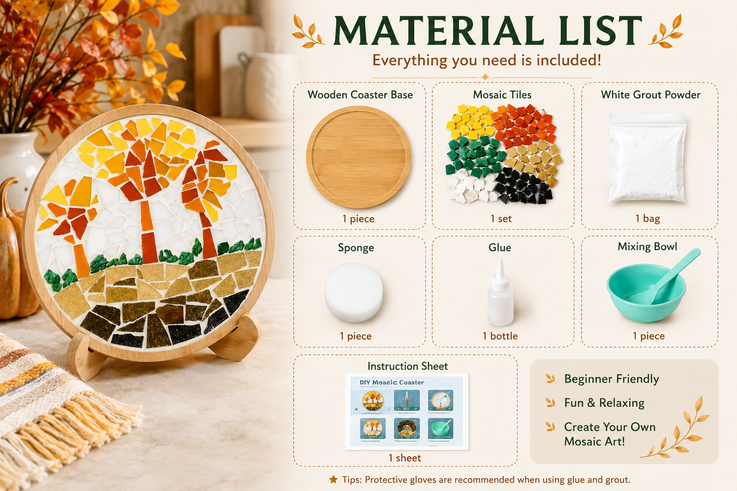DIY Big Mosaic Coaster Kit, Golden Autumn Tree Mosaic Craft Kit, Fall DIY Art Kit, Beginner Mosaic Project, Trivet Home Decor Gift