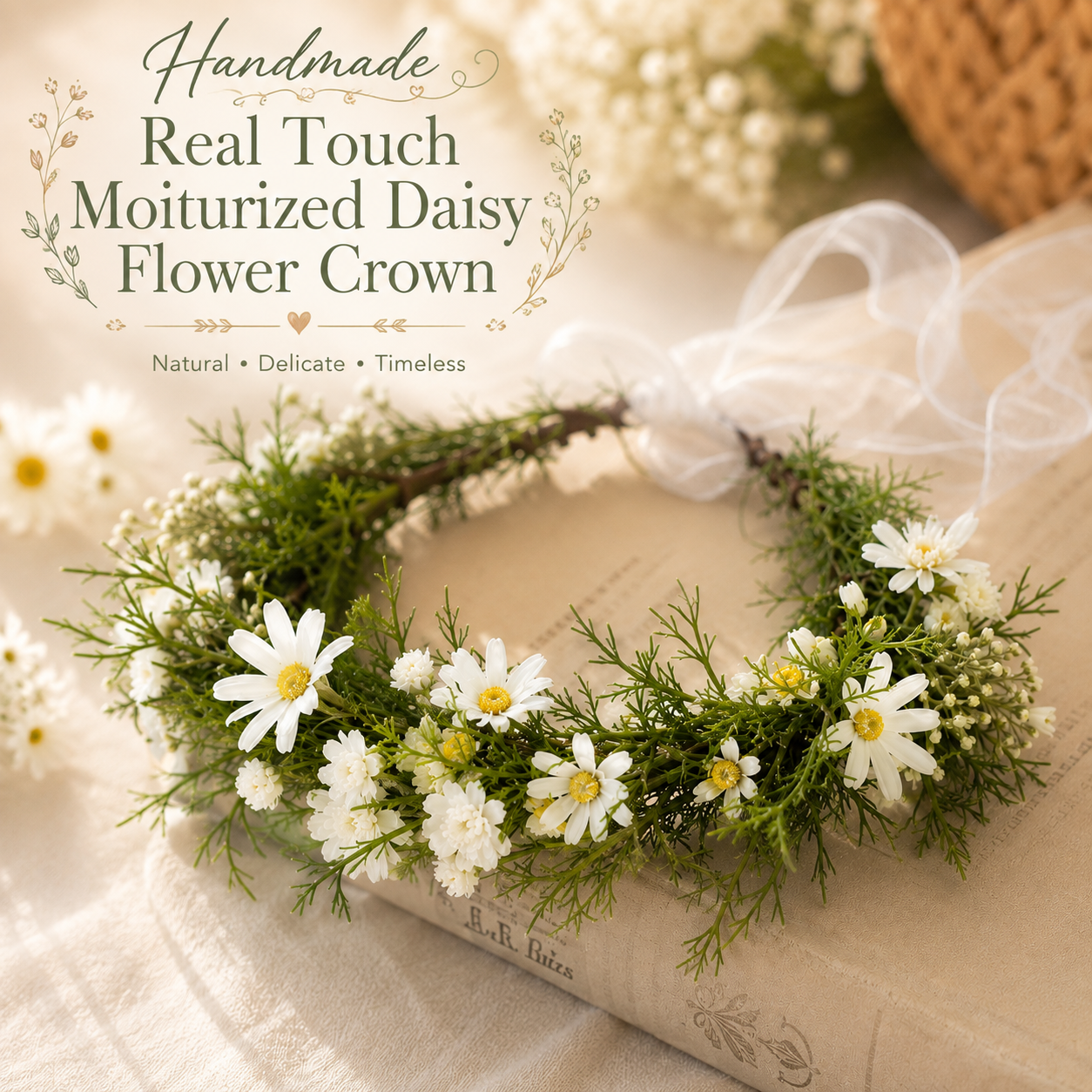 Handmade Real Touch Moisturized Daisy Flower Crown, Bridal Flower Crown, Wedding Floral Headpiece, Boho Bridal Halo, White Daisy Crown