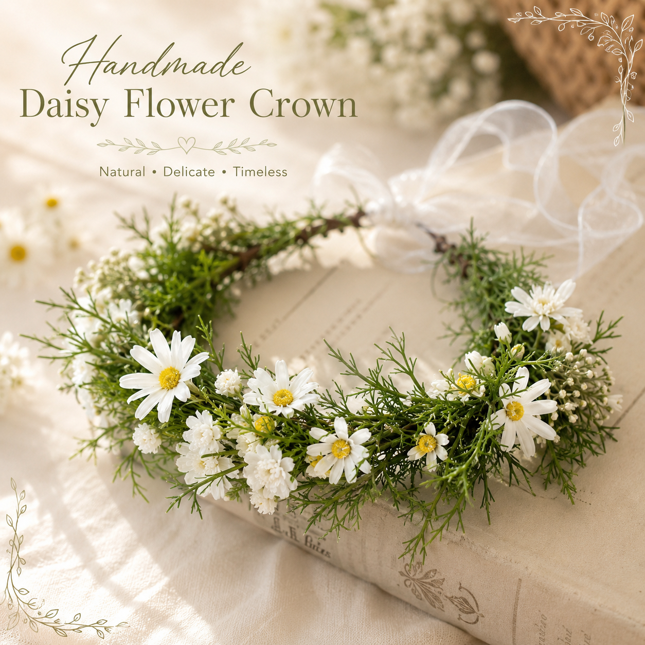 Handmade Real Touch Moisturized Daisy Flower Crown, Bridal Flower Crown, Wedding Floral Headpiece, Boho Bridal Halo, White Daisy Crown