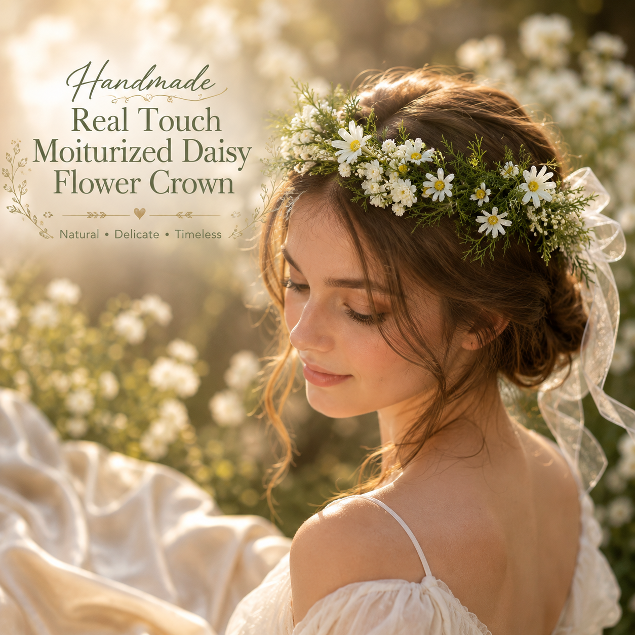 Handmade Real Touch Moisturized Daisy Flower Crown, Bridal Flower Crown, Wedding Floral Headpiece, Boho Bridal Halo, White Daisy Crown