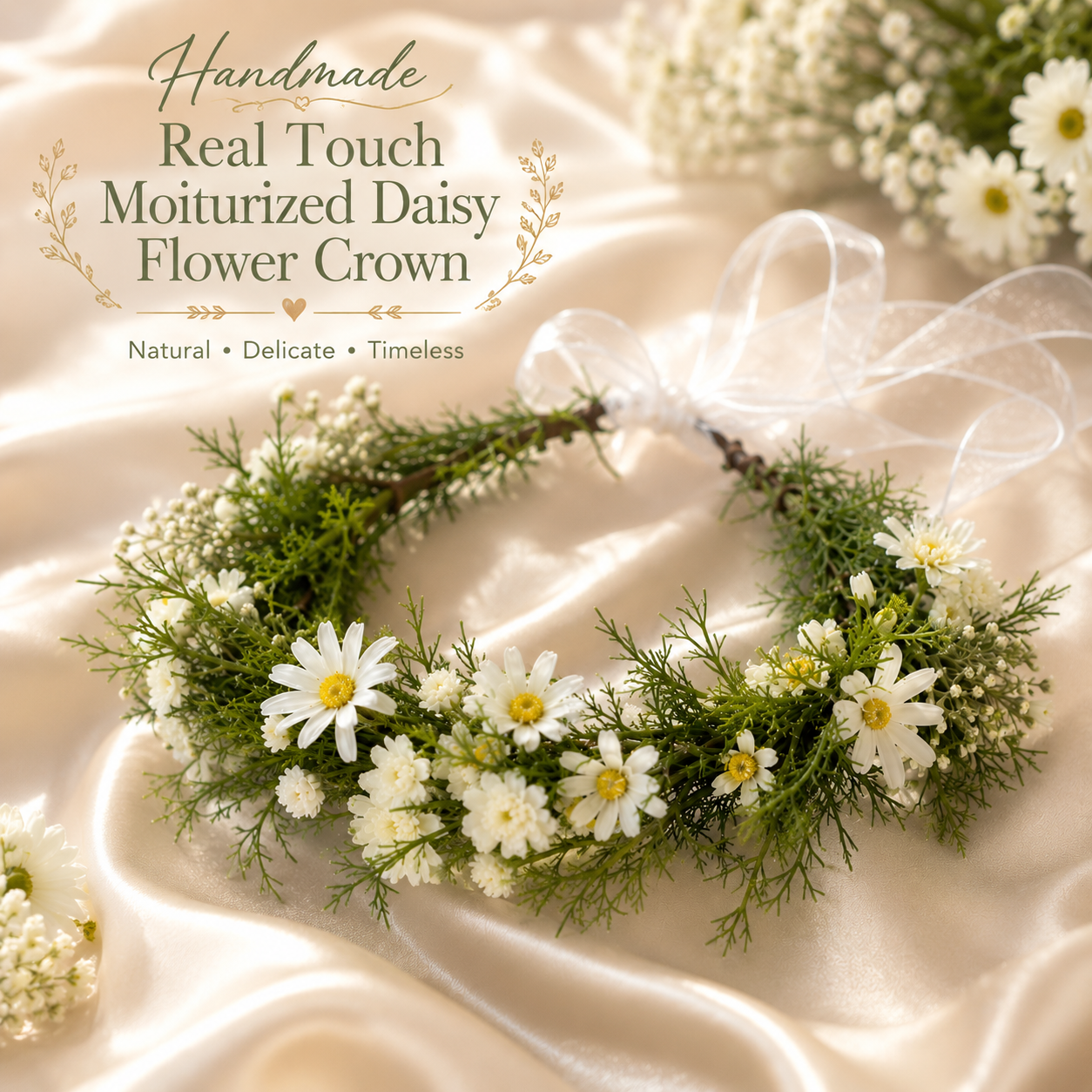 Handmade Real Touch Moisturized Daisy Flower Crown, Bridal Flower Crown, Wedding Floral Headpiece, Boho Bridal Halo, White Daisy Crown