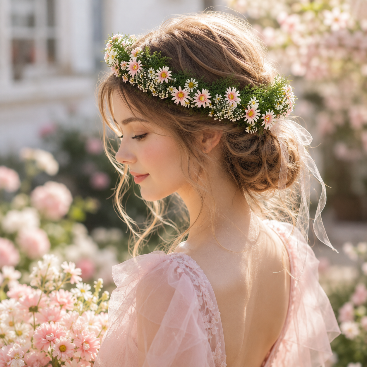 Handmade Real Touch Moisturized Daisy Flower Crown, Pink Wildflower Halo, Bridal Flower Crown, Boho Wedding Headpiece, Fairy Floral Headband