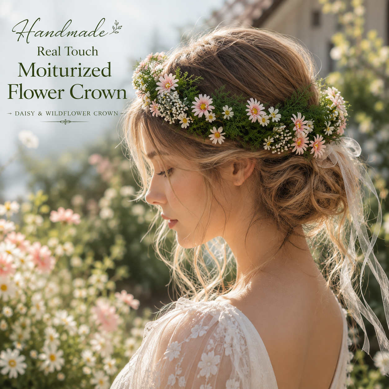Handmade Real Touch Moisturized Daisy Flower Crown, Pink Wildflower Halo, Bridal Flower Crown, Boho Wedding Headpiece, Fairy Floral Headband