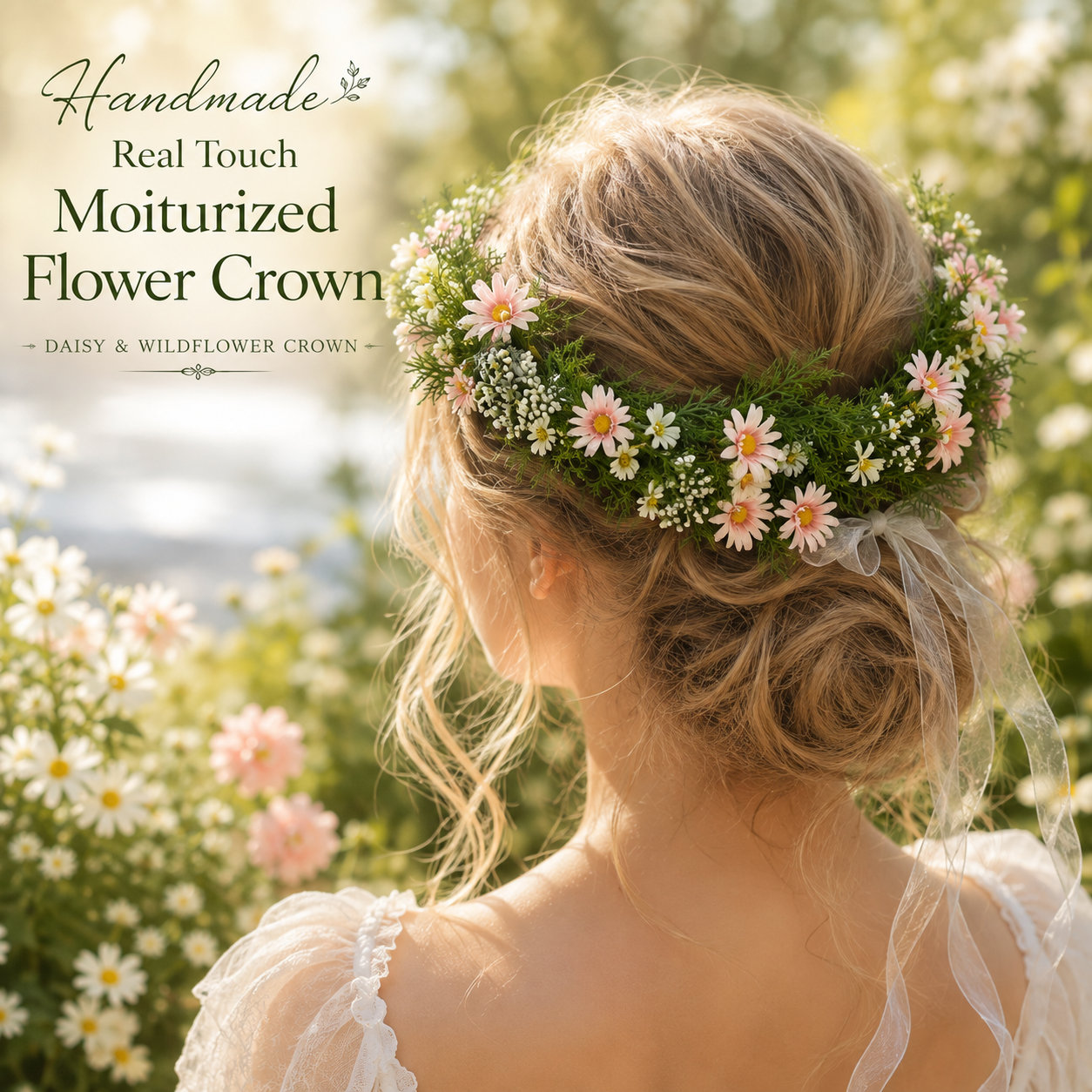 Handmade Real Touch Moisturized Daisy Flower Crown, Pink Wildflower Halo, Bridal Flower Crown, Boho Wedding Headpiece, Fairy Floral Headband