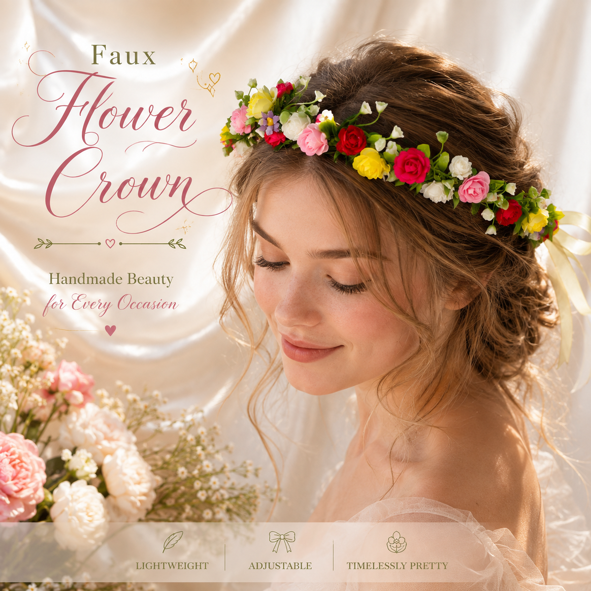 Colorful Faux Flower Crown, Adjustable Floral Headband, Boho Flower Hair Wreath, Festival Crown, Wedding Hair Accessory, Photo Prop