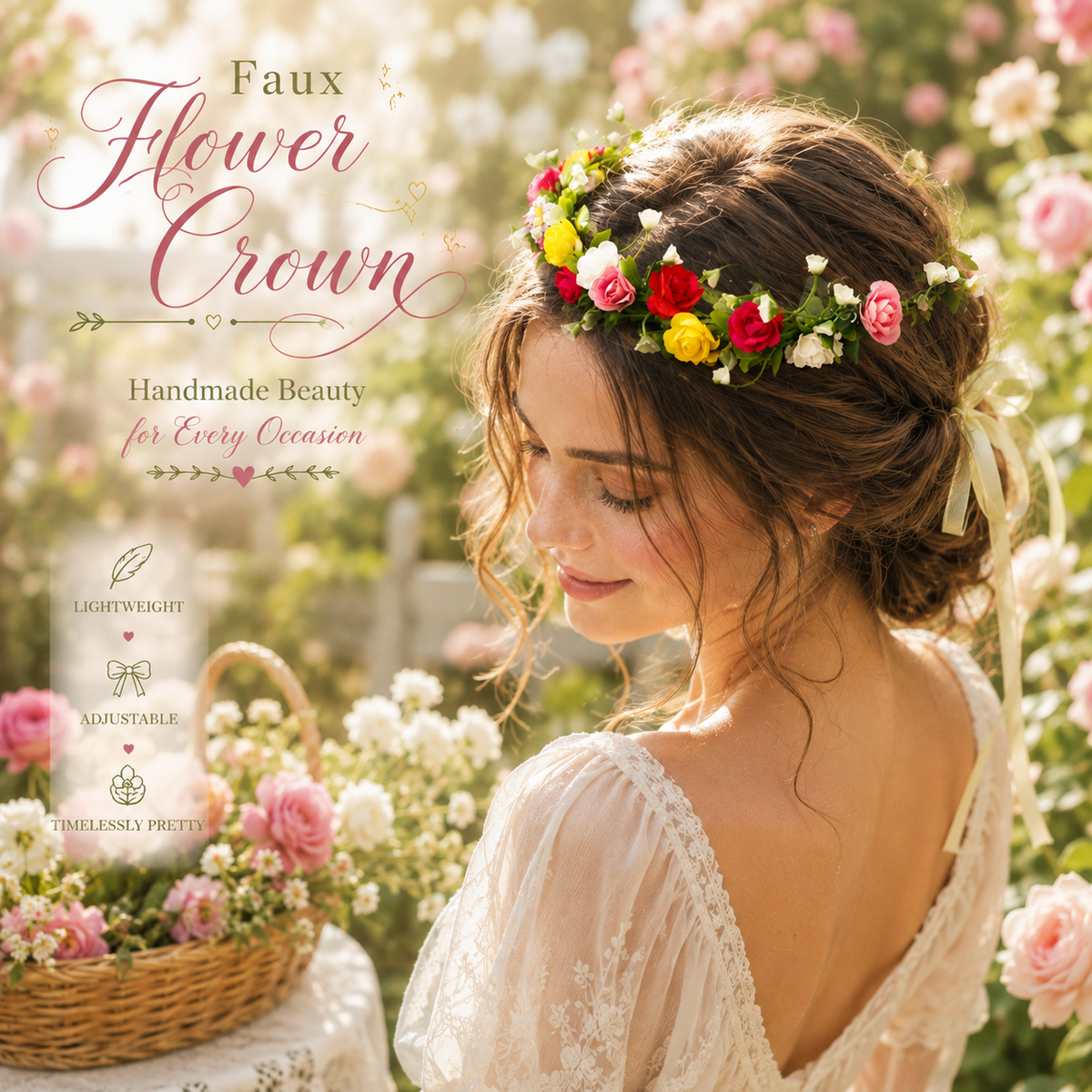 Colorful Faux Flower Crown, Adjustable Floral Headband, Boho Flower Hair Wreath, Festival Crown, Wedding Hair Accessory, Photo Prop