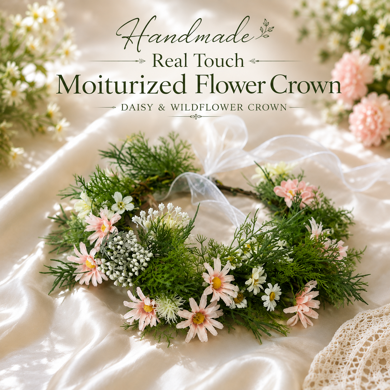 Handmade Real Touch Moisturized Daisy Flower Crown, Pink Wildflower Halo, Bridal Flower Crown, Boho Wedding Headpiece, Fairy Floral Headband