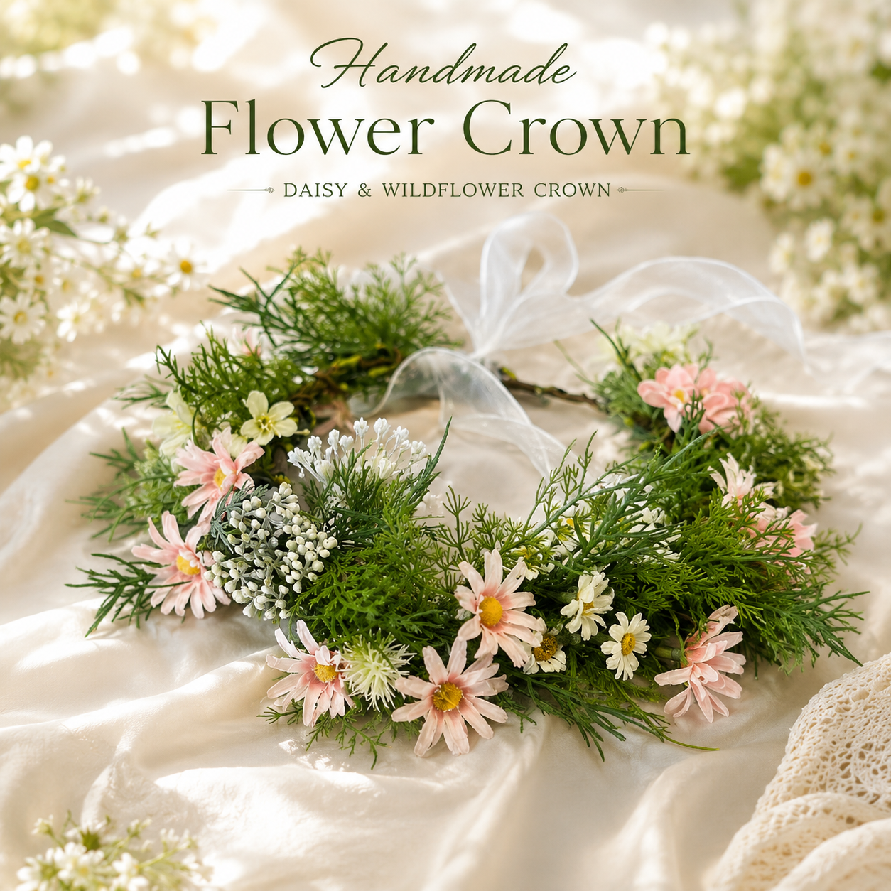 Handmade Real Touch Moisturized Daisy Flower Crown, Pink Wildflower Halo, Bridal Flower Crown, Boho Wedding Headpiece, Fairy Floral Headband
