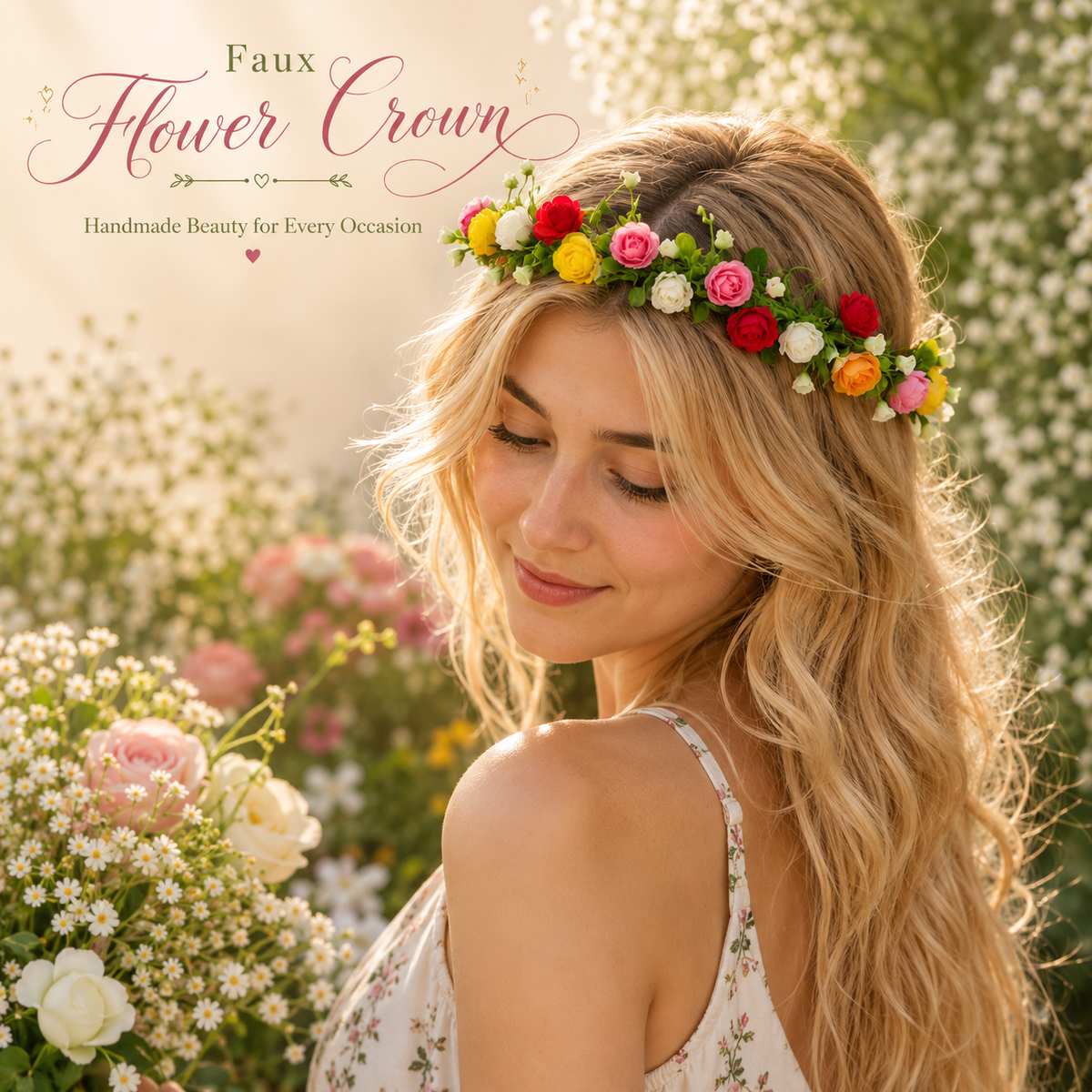 Colorful Faux Flower Crown, Adjustable Floral Headband, Boho Flower Hair Wreath, Festival Crown, Wedding Hair Accessory, Photo Prop