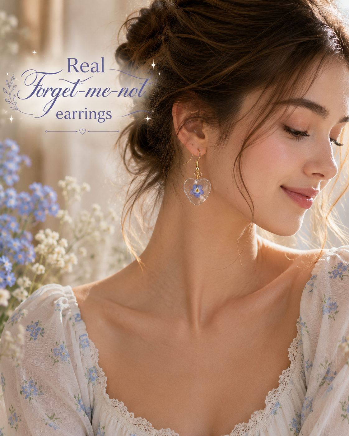 Real Forget Me Not Heart Earrings, Pressed Flower Resin Earrings, Handmade Botanical Jewelry, Blue Floral Heart Dangle Earrings
