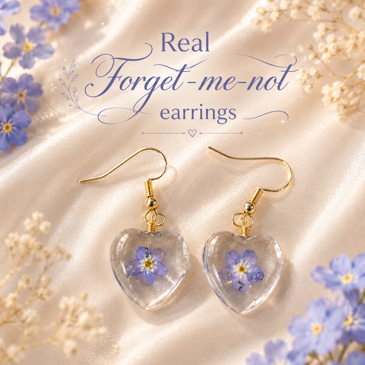 Real Forget Me Not Heart Earrings, Pressed Flower Resin Earrings, Handmade Botanical Jewelry, Blue Floral Heart Dangle Earrings