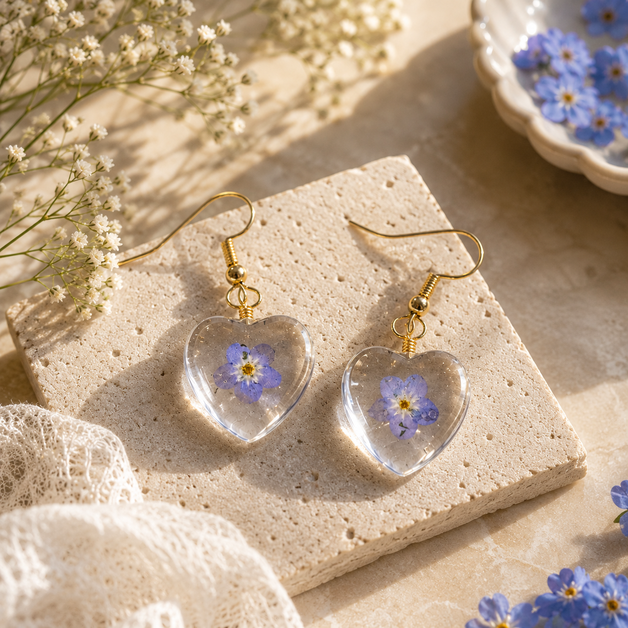Real Forget Me Not Heart Earrings, Pressed Flower Resin Earrings, Handmade Botanical Jewelry, Blue Floral Heart Dangle Earrings