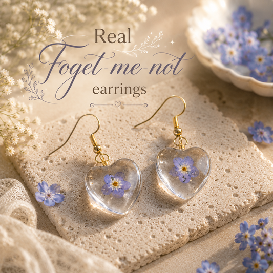 Real Forget Me Not Heart Earrings, Pressed Flower Resin Earrings, Handmade Botanical Jewelry, Blue Floral Heart Dangle Earrings