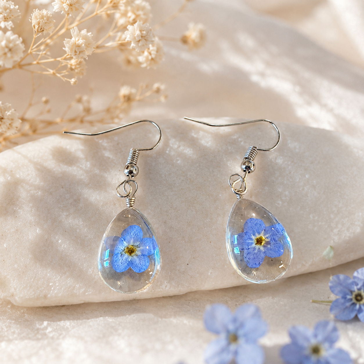 Real Forget Me Not Flower Earrings, Pressed Flower Resin Earrings, Blue Floral Teardrop Earrings, Nature Inspired Jewelry, Botanical Gift
