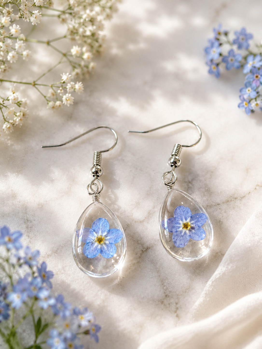 Real Forget Me Not Flower Earrings, Pressed Flower Resin Earrings, Blue Floral Teardrop Earrings, Nature Inspired Jewelry, Botanical Gift